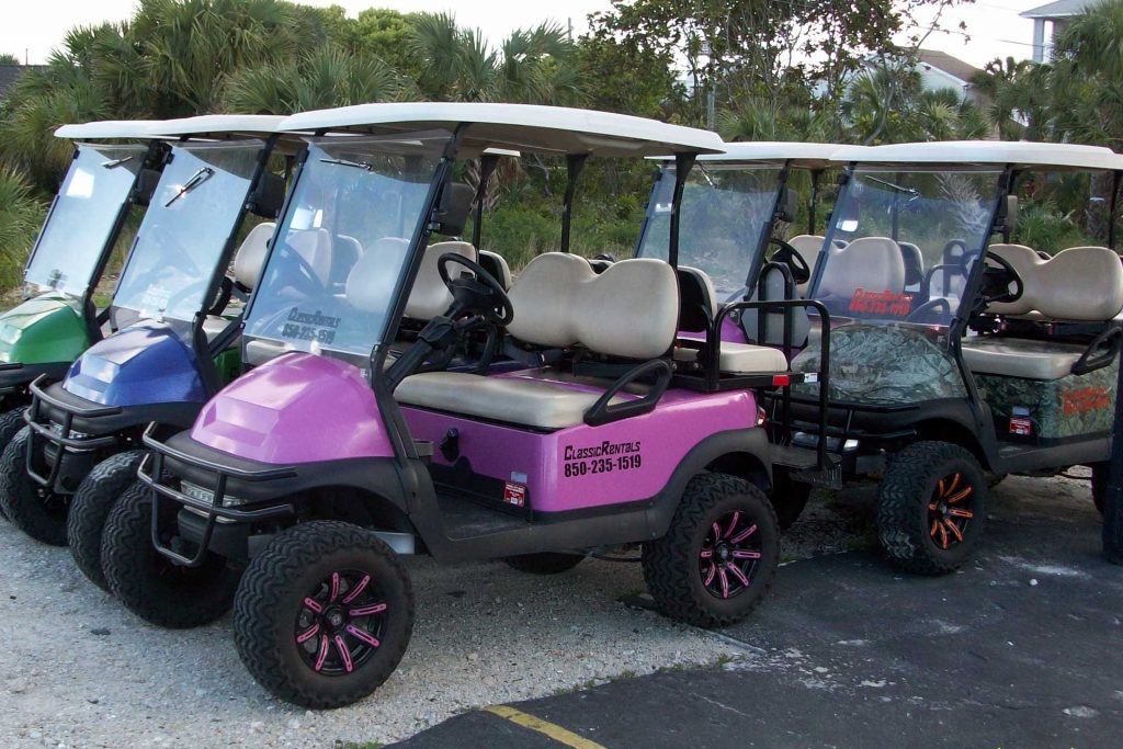 Some of our golf carts for rent in Panama City Beach and 30A Florida