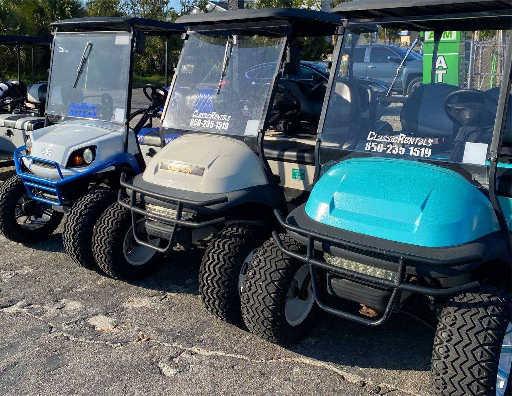 Some of our golf carts for rent on Panama City Beach, FL